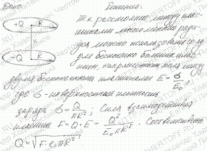 Две круглые параллельные пластины радиусом R=10 см находятся на малом по сравнению с радиусом расстоянии друг от друга. Пластинам сообщили одинаковые