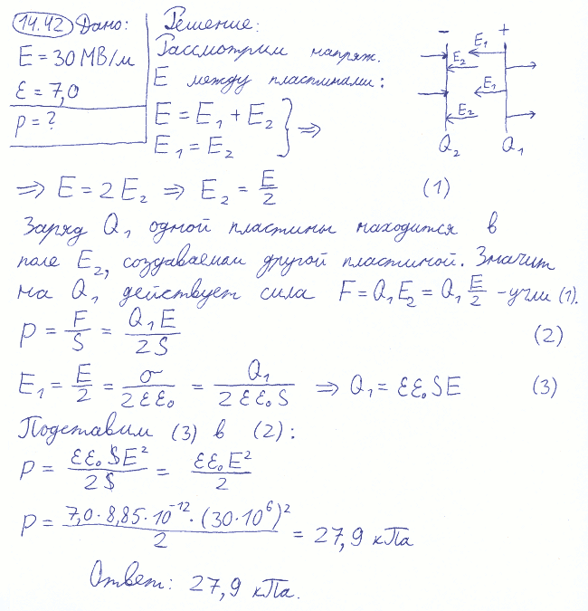 Плоский конденсатор состоит из двух пластин, разделенных стеклом. Какое давление p производят пластины на стекло перед пробоем, если напряженность