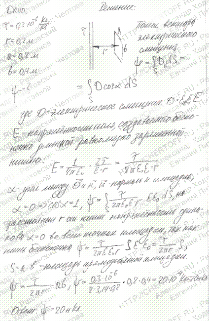 Электрическое поле создано бесконечной прямой равномерно заряженной линией т=0,3 мкКл/м . Определить поток ψ электрического смещения через прямоугольную