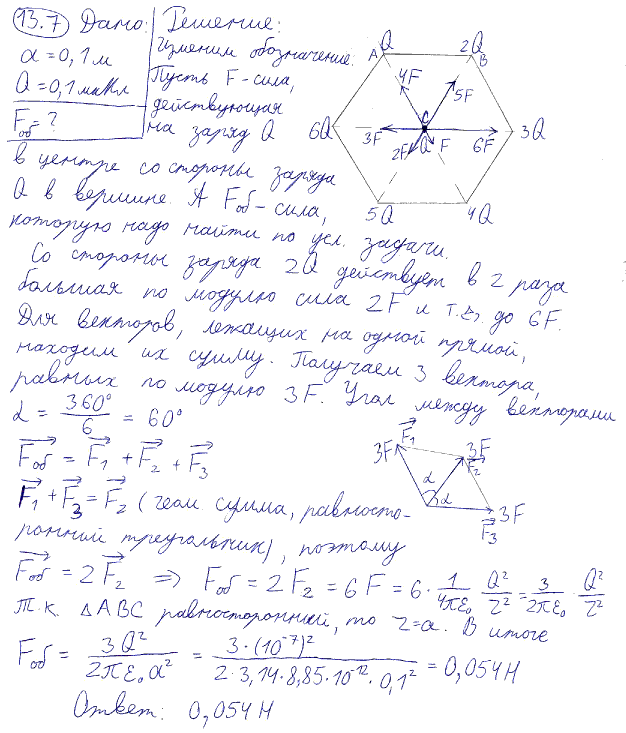 В вершинах правильного шестиугольника со стороной a=10 см расположены точечные заряды Q, 2Q, 3Q, 4Q, 5Q, 6Q Q=0,1 мкКл . Найти силу F, действующую
