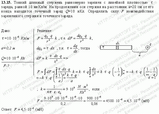 Тонкий длинный стержень равномерно заряжен с линейной плотностью т заряда, равной 10 мкКл/м. На продолжении оси стержня на расстоянии a=20 см