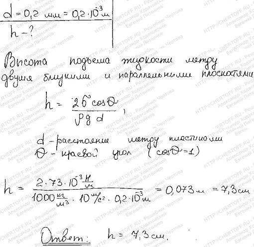 На какую высоту h поднимается вода между двумя па раллельными друг другу стеклянными пластинками, если расстояние d между ними равно 0,2 мм?