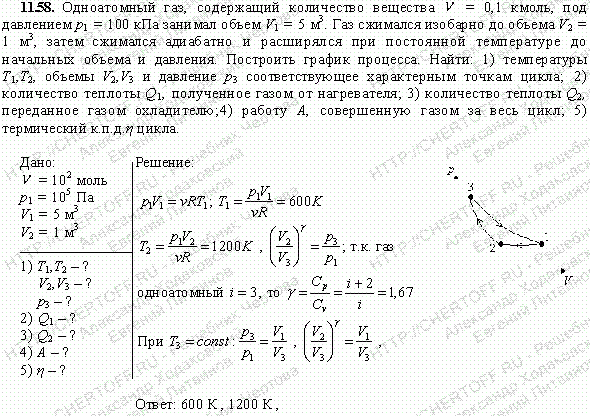 Одноатомный газ, содержащий количество вещества v=0,1 кмоль, под давлением p1=100 кПа занимал объем V1=5 м^3. Газ сжимался изобарно до объема