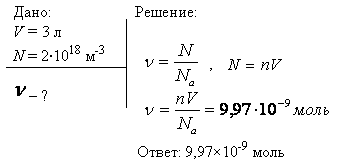 Определить количество вещества ν водорода, заполняющего сосуд вместимостью V=3 л, если концентрация n молекул газа в сосуде равна 2*10^18 м-