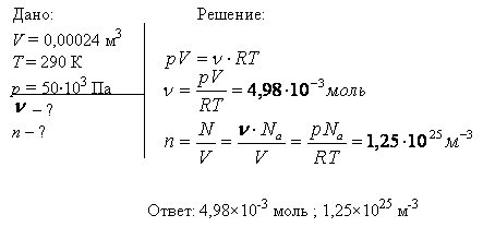 Определить количество вещества ν и концентрацию n молекул газа, содержащегося в колбе вместимостью V=240 см^3 при температуре T=290 К и давлении