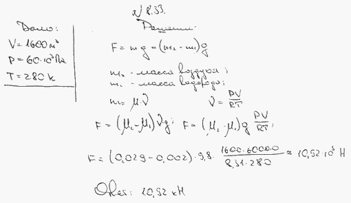 Оболочка воздушного шара имеет вместимость V=1600 м^3. Найти подъемную силу F водорода, наполняющего оболочку, на высоте, где давление p=60 кПа
