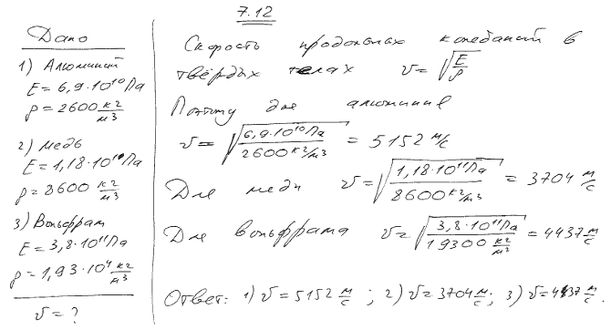 Найти скорость v распространения продольных упругих колебаний в следующих металлах: 1) алюминии; 2) меди; 3) вольфраме.