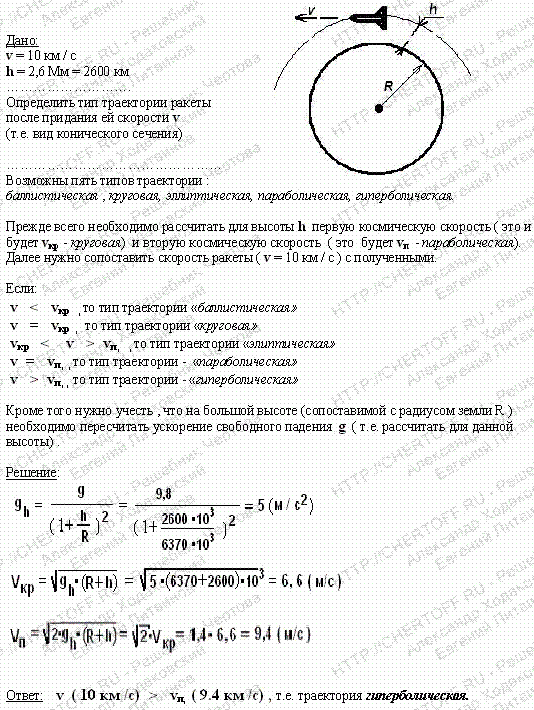 На высоте h=2,6 Мм над поверхностью Земли космической ракете была сообщена скорость v=10 км/с, направленная перпендикулярно линии, соединяющей