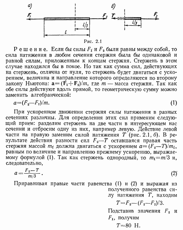 К концам однородного стержня приложены две противоположно направленные силы: F1=40 Н и F2=100 Н рис. 2.1, а . Определить силу натяжения T стержня
