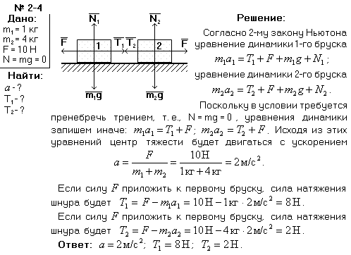 Два бруска массами m1=1 кг и m2=4 кг, соединенные шнуром, лежат на столе. С каким ускорением a будут двигаться бруски, если к одному из них приложить