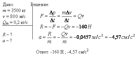 Космический корабль имеет массу m=3,5 т. При маневрировании из его двигателей вырывается струя газов со скоростью v=800 м/с; расход горючего