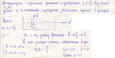 Автоцистерна с керосином движется с ускорением a=0,7 м/с^2. Под каким углом φ к плоскости горизонта расположен уровень керосина в цистерне?
