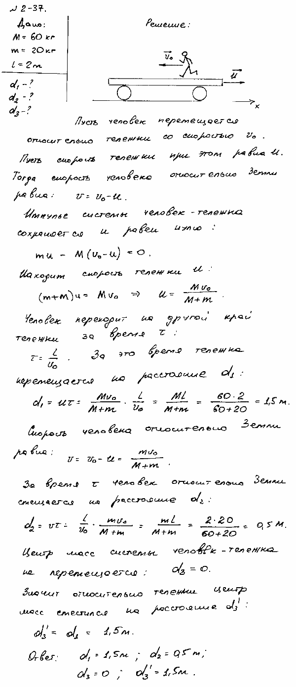 В предыдущей задаче найти, на какое расстояние d: 1) передвинется тележка, если человек перейдет на другой конец доски; 2) переместится человек
