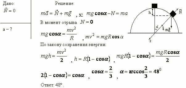 Камешек скользит с наивысшей точки купола, имеющего форму полусферы. Какую дугу α опишет камешек, прежде чем оторвется от поверхности купола?