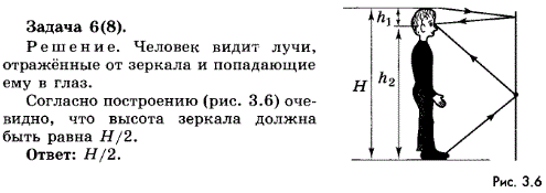 Упражнение 8.6. Какой высоты должно быть плоское зеркало, висящее вертикально, чтобы человек, рост которого H, видел себя в нем во весь рост
