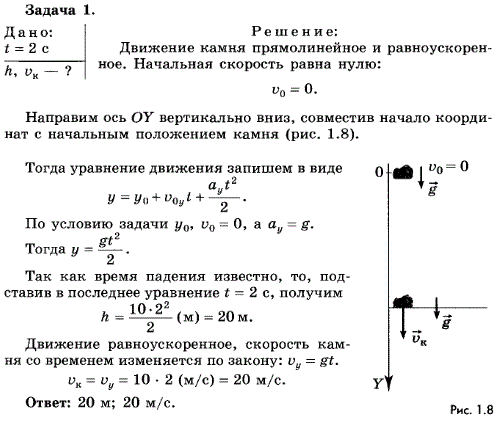 Упражнение 4.1. Камень, упав с обрыва, достиг поверхности воды через 2 c. Чему равна высота обрыва? Определите модуль конечной скорости камн