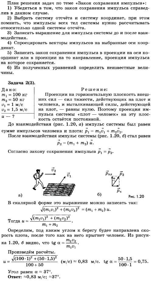 Упражнение 8.2. На плот массой 100 кг, имеющий скорость 1 м/с, направленную вдоль берега, прыгает человек массой 50 кг со скоростью 1,5 м/с перпендикулярно