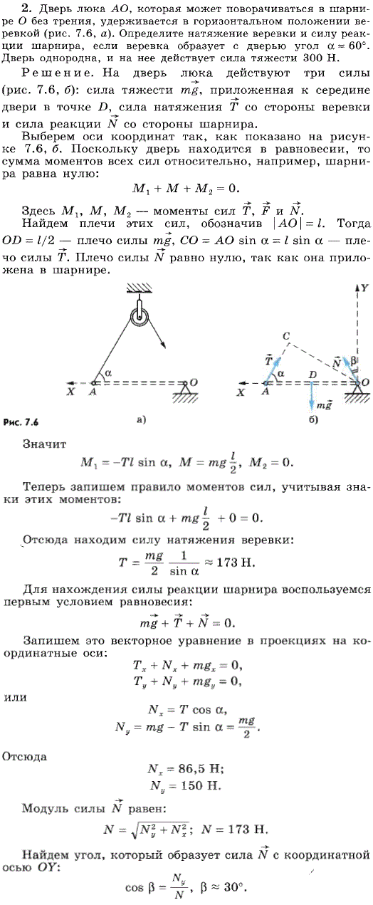 Дверь люка АО, которая может поворачиваться в шарнире O без трения, удерживается в горизонтальном положении веревкой рис. 7.6, а . Определите