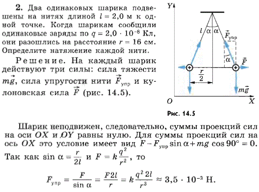 Два одинаковых шарика подвешены на нитях длиной l=2,0 м к од ной точке. Когда шарикам сообщили одинаковые заряды по q=2,0*10^-8 Кл, они разошлись