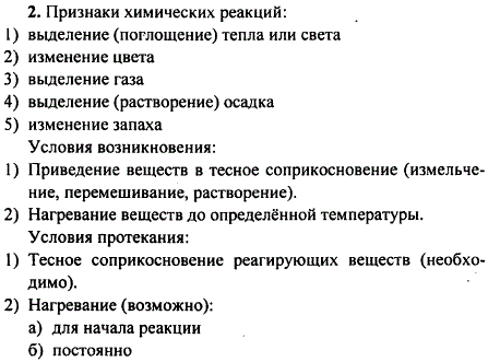 Вспомните из курса химии основной школы признаки и условия течения химических реакций. Приведите примеры.