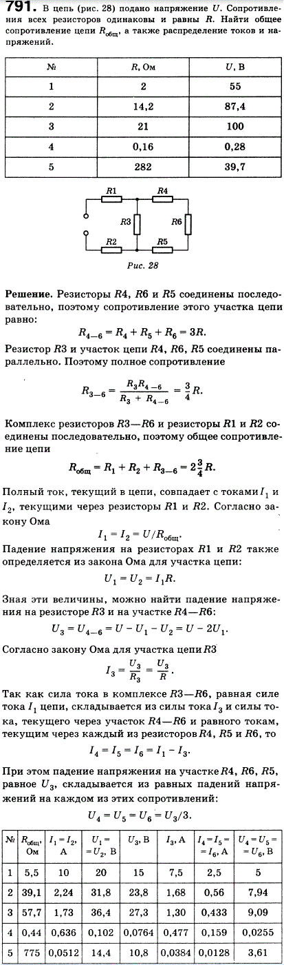 В цепь рис. 86 подано напряжение 100 В. Сопротивление каждого резистора равно 21 Ом. Найти общее сопротивление цепи, а также распределение токов