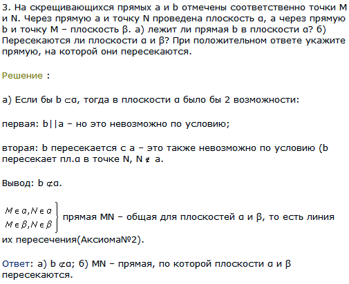 На скрещивающихся прямых а и b отмечены соответственно точки M и N. Через прямую а и точку N проведена плоскость α, а через прямую b и точку