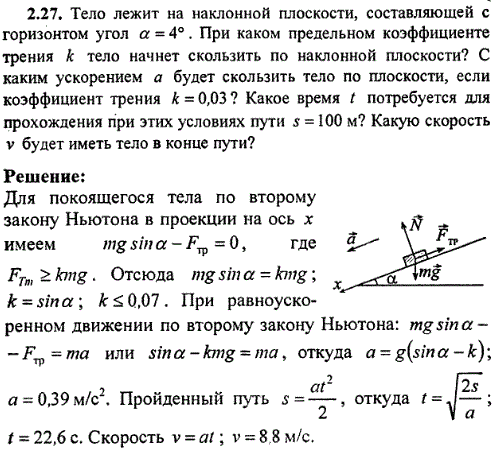 Тело лежит на наклонной плоскости, составляющей с горизонтом угол α=4°. При каком предельном коэффициенте трения к тело начнет скользить по наклонной