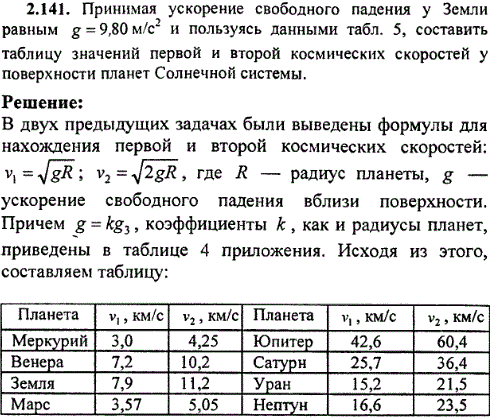 Принимая ускорение свободного падения у Земли равным g=9,80 м/с^2 и пользуясь данными табл. 5, составить таблицу значений первой и второй космических