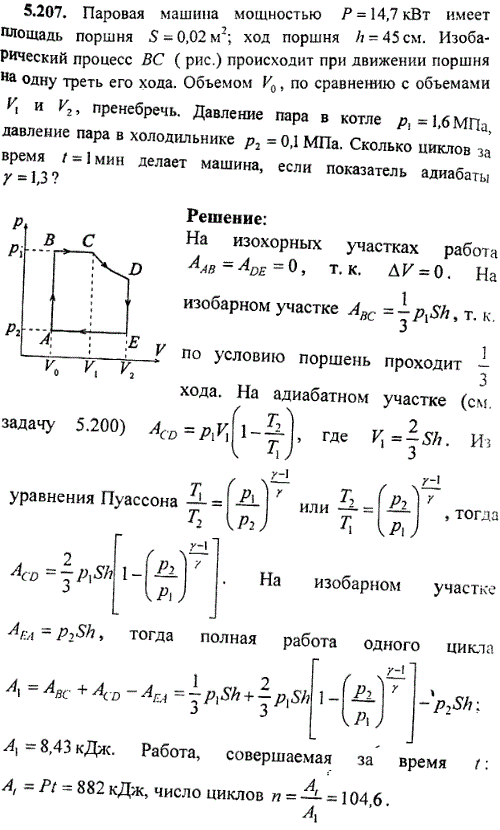 : Паровая машина мощностью P=14,7 кВт имеет площадь поршня S=0,02 м^2; ход поршня h=45 см. Изобарический процесс BC рис. происходит при движении