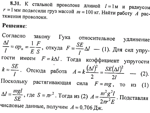 К стальной проволоке длиной l=1 м и радиусом r=1 мм подвесили груз массой m=100 кг. Найти работу А растяжения проволоки.
