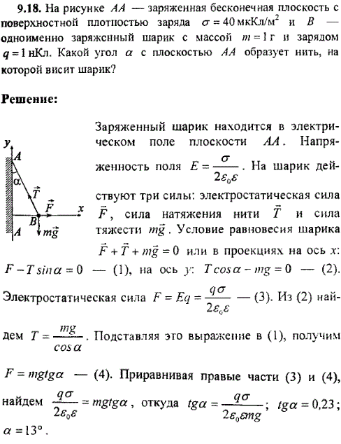 На рисунке AA-заряженная бесконечная плоскость с поверхностной плотностью заряда σ=40 мкКл/м^2 и B-одноименно заряженный шарик с массой m=1 г