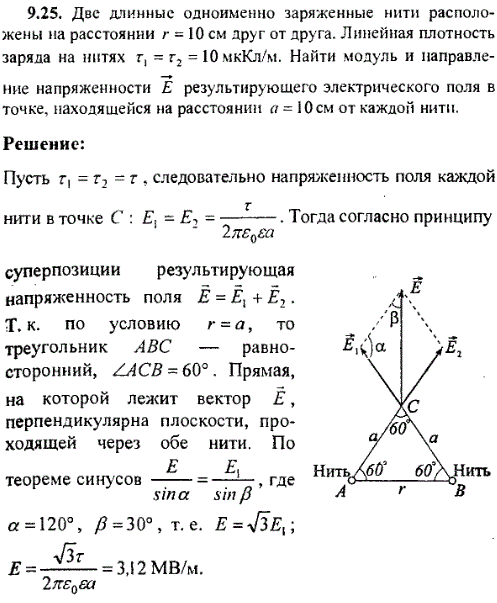 Две длинные одноименно заряженные нити расположены на расстоянии r=10 см друг от друга. Линейная плотность заряда на нитях τ1=τ2=10 мкКл/м. Найти