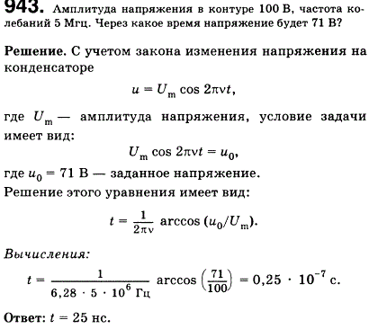 Амплитуда колебаний напряжения в контуре 100 В, частота колебаний 5 МГц. Через какое время напряжение впервые будет 71В