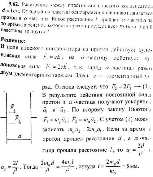 Расстояние между пластинами плоского конденсатора d=1 см. От одной пластины одновременно начинают двигаться протон и α-частица. Какое расстояние