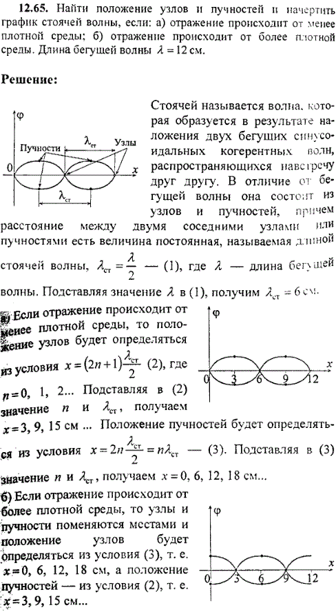 Найти положение узлов и пучностей и начертить график стоячей волны, если отражение происходит от: а) менее плотной среды; б) более плотной среды