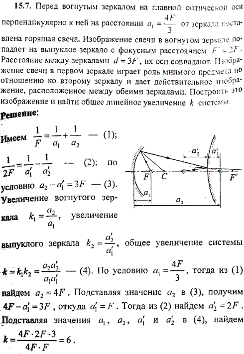 Перед вогнутым зеркалом на главной оптической оси перпендикулярно к ней на расстоянии a1=4F/3 от зер­кала поставлена горящая свеча. Изображение