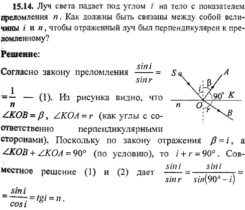 Луч света падает под углом i на тело с показателем преломления n. Как должны быть связаны между собой величины i и n, чтобы отраженный луч был