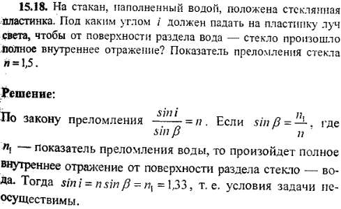 На стакан, наполненный водой, положена стеклянная пластинка. Под каким углом i должен падать на пластинку луч света, чтобы от поверхности раздела