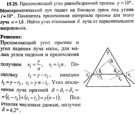 Преломляющий угол равнобедренной призмы γ=10°. Монохроматический луч падает на боковую грань под углом i=10°. Показатель преломления материала