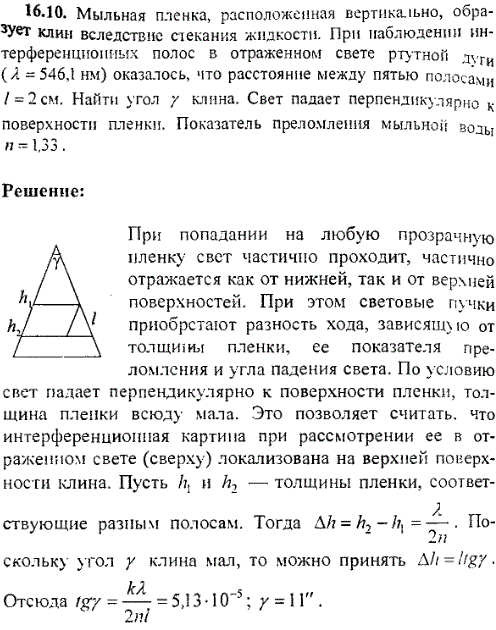 Мыльная пленка, расположенная вертикально, образует клин вследствие стекания жидкости. При наблюдении интерференционных полос в отраженном свете