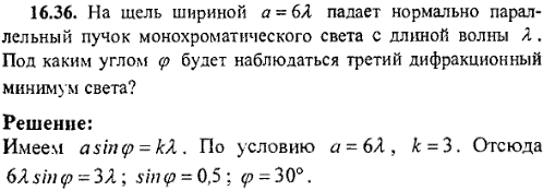 На щель шириной a=6λ падает нормально параллельный пучок монохроматического света с длиной волны λ. Под каким углом φ будет наблюдаться третий