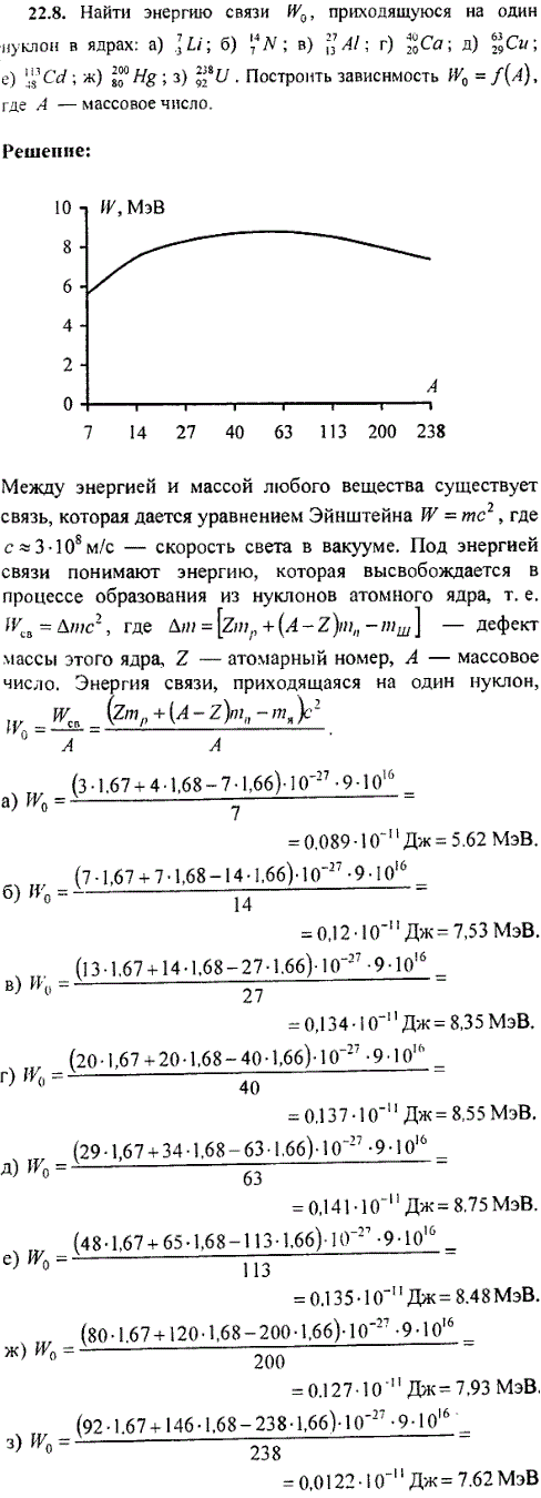 Найти энергию связи W0, приходящуюся на один нуклон в ядрах: а) ^73Li; б) 147N; в) 2713Al; г) 4020Ca; д) 6329Cu; е) 11348Cd; ж) 20080Hg ; з